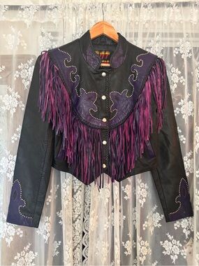 Hot Leathers Purple Black Studded Fringe Genuine Leather Western Biker Jacket